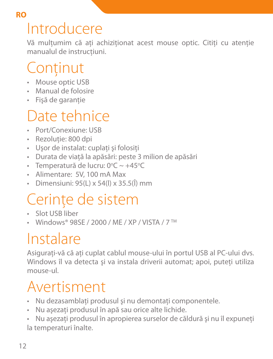 Introducere, Conţinut, Date tehnice | Cerinţe de sistem, Instalare, Avertisment | Acme MN05 User Manual | Page 12 / 28