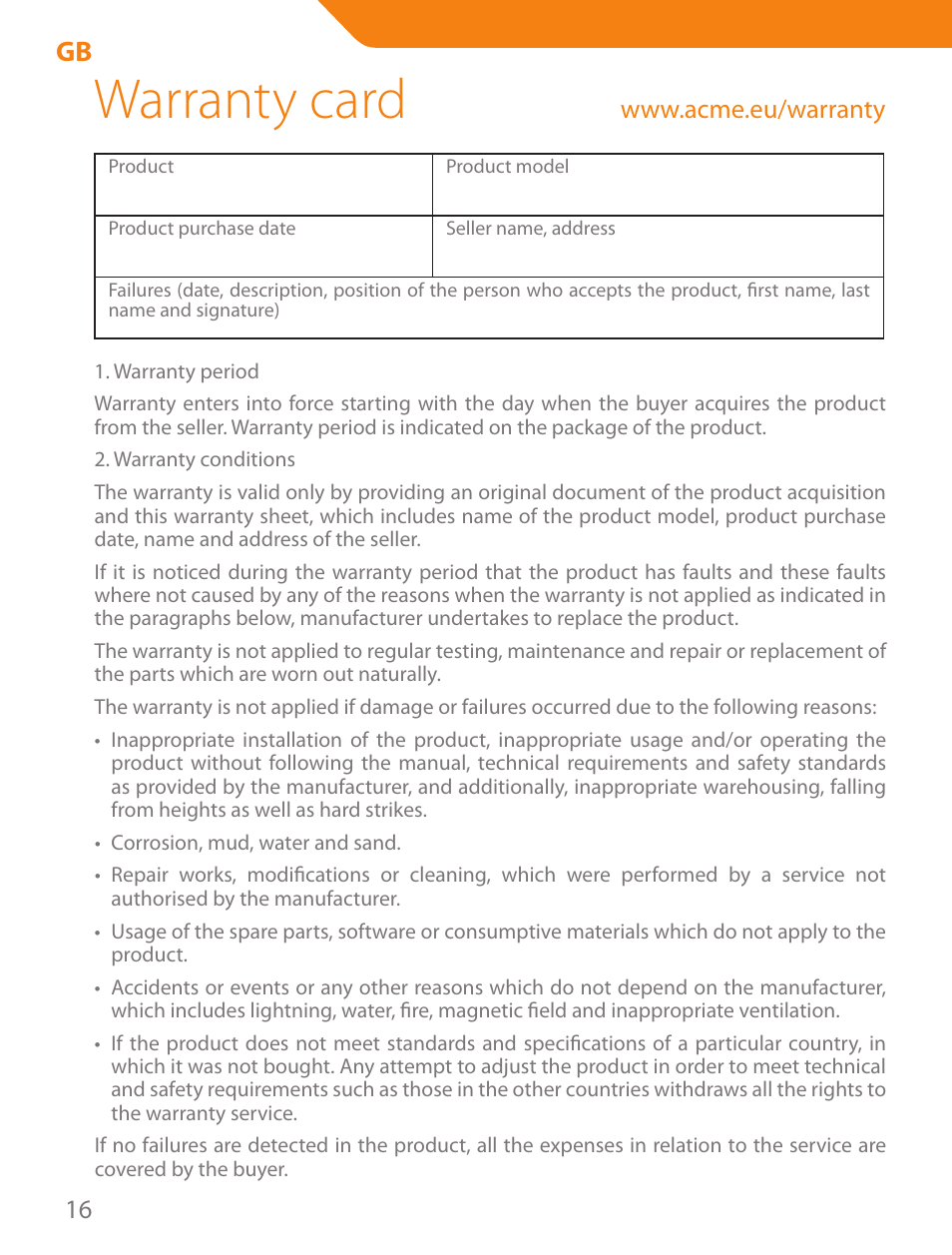 Warranty card | Acme MN05 User Manual | Page 16 / 28