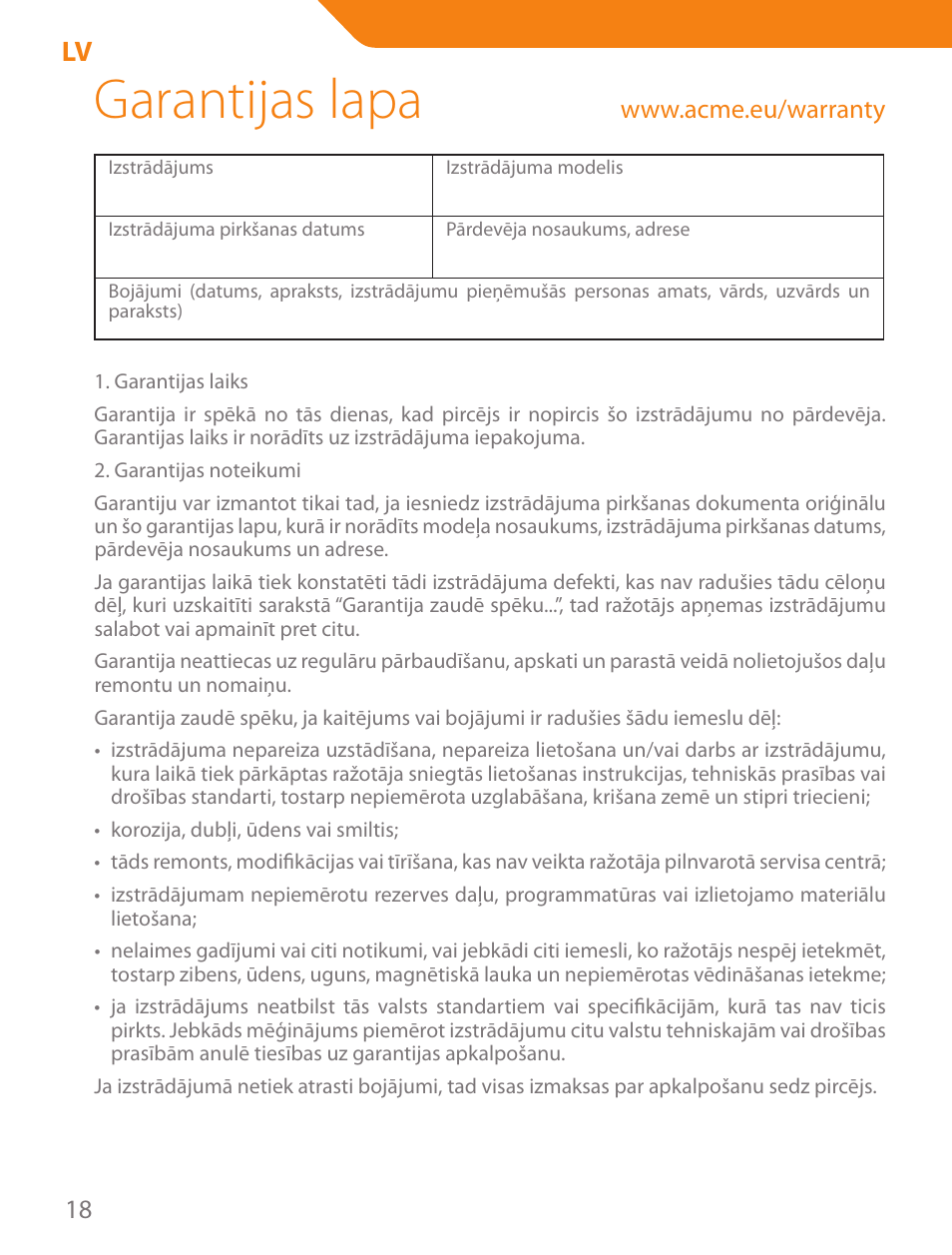 Garantijas lapa | Acme MN05 User Manual | Page 18 / 28