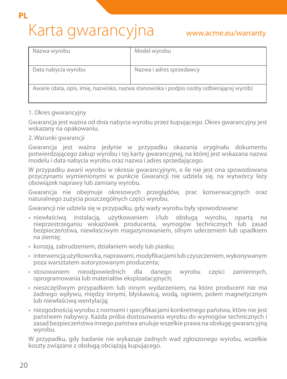 Karta gwarancyjna | Acme MN05 User Manual | Page 20 / 28