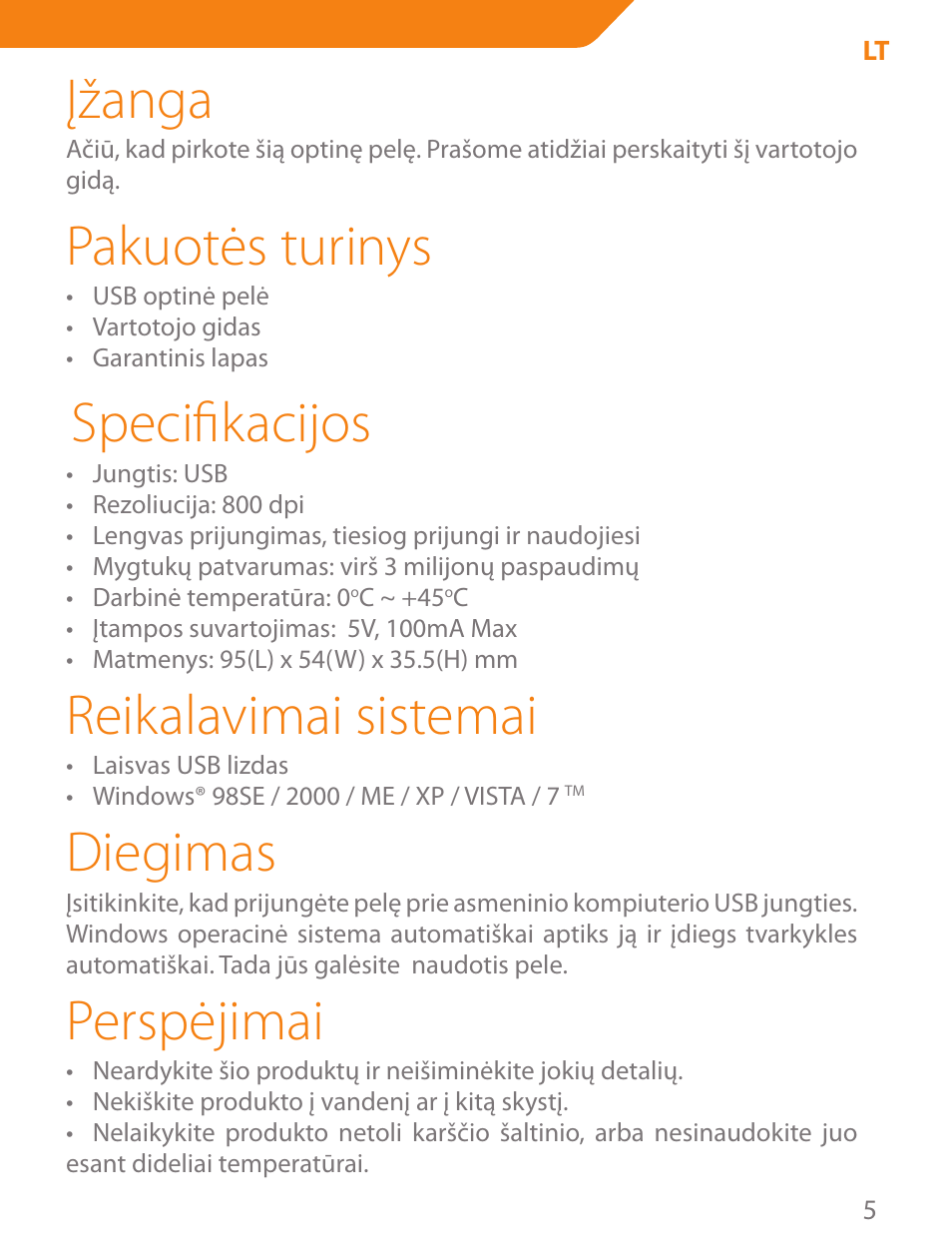 Įžanga, Pakuotės turinys, Specifikacijos | Reikalavimai sistemai, Diegimas, Perspėjimai | Acme MN05 User Manual | Page 5 / 28