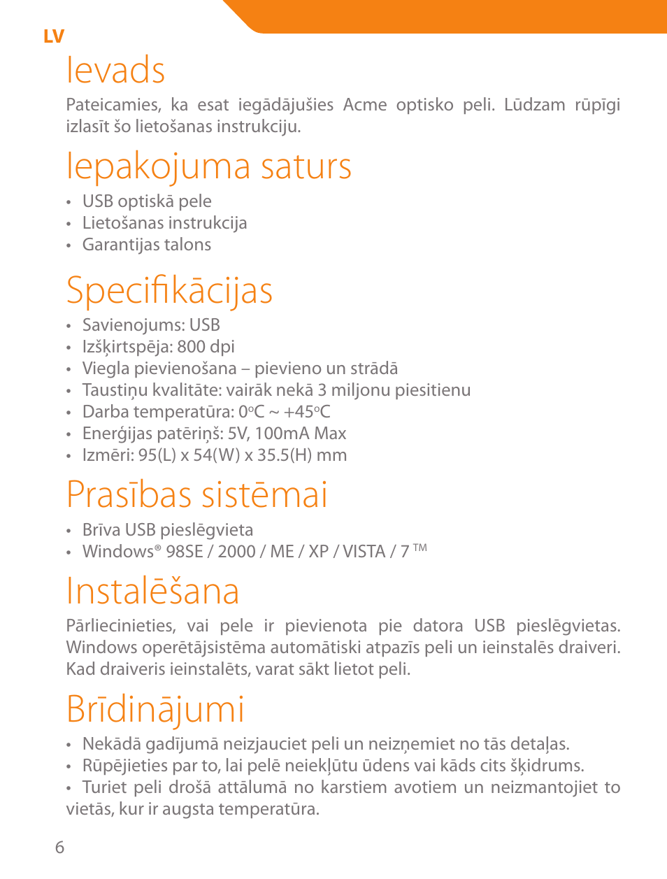 Ievads, Iepakojuma saturs, Specifikācijas | Prasības sistēmai, Instalēšana, Brīdinājumi | Acme MN05 User Manual | Page 6 / 28
