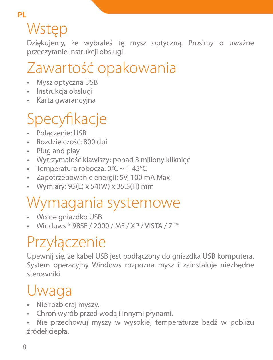 Wstęp, Zawartość opakowania, Specyfikacje | Wymagania systemowe, Przyłączenie, Uwaga | Acme MN05 User Manual | Page 8 / 28