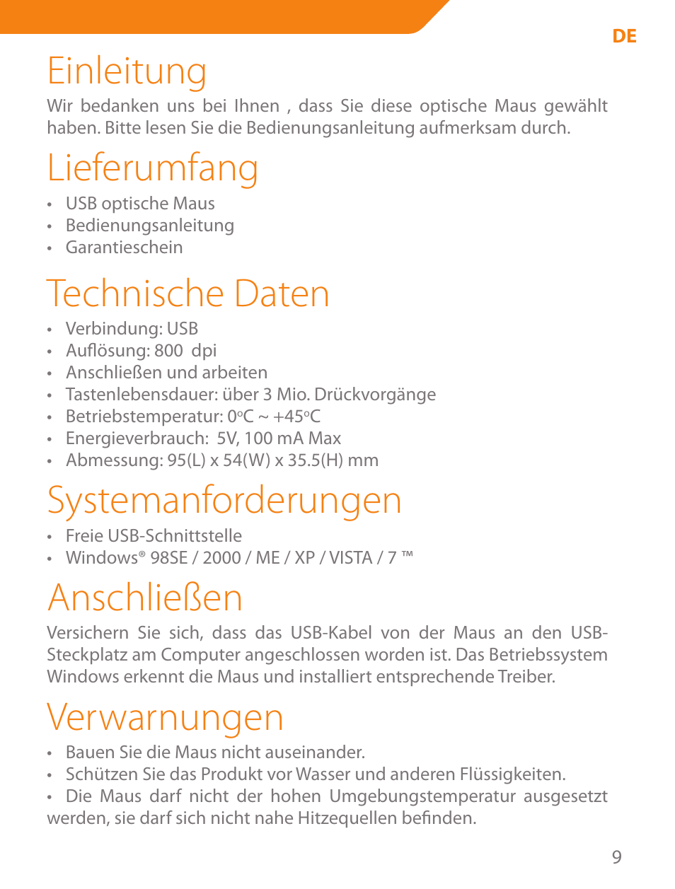 Einleitung, Lieferumfang, Technische daten | Systemanforderungen, Anschließen, Verwarnungen | Acme MN05 User Manual | Page 9 / 28