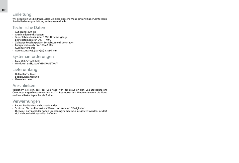 Einleitung, Technische daten, Systemanforderungen | Lieferumfang, Anschließen, Verwarnungen | Acme MS08 User Manual | Page 7 / 8
