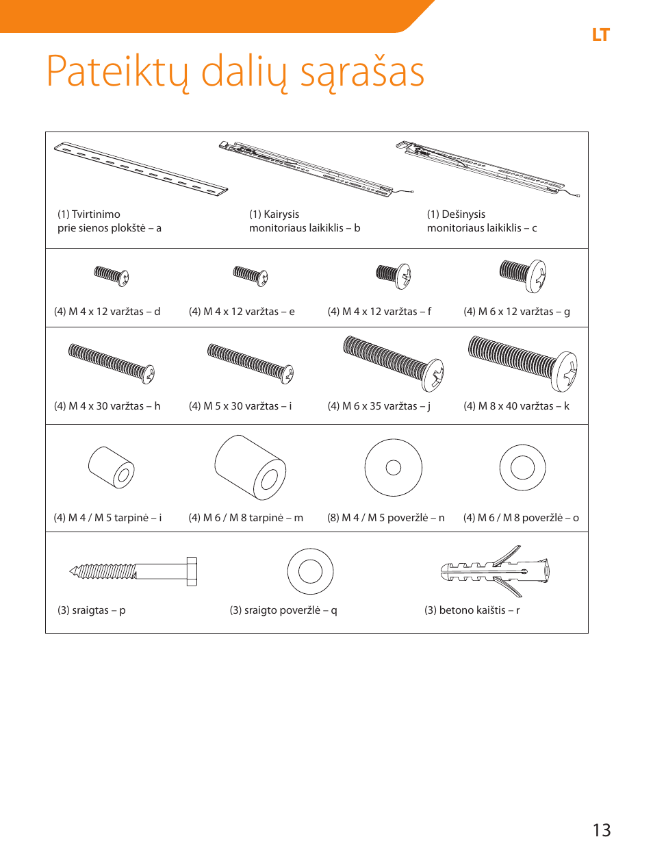 Pateiktų dalių sąrašas, 13 lt | Acme LED100B User Manual | Page 13 / 100