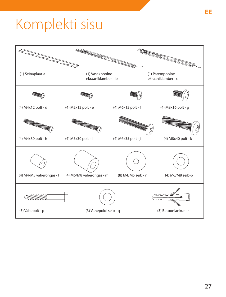 Komplekti sisu, 27 ee | Acme LED100B User Manual | Page 27 / 100