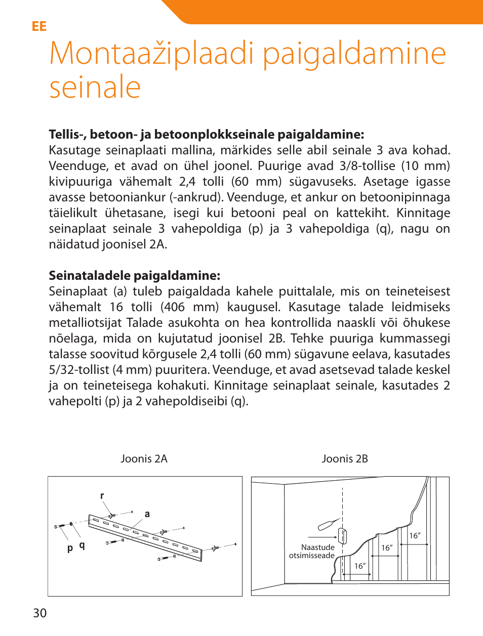Montaažiplaadi paigaldamine seinale | Acme LED100B User Manual | Page 30 / 100