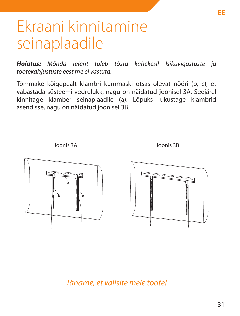Ekraani kinnitamine seinaplaadile | Acme LED100B User Manual | Page 31 / 100