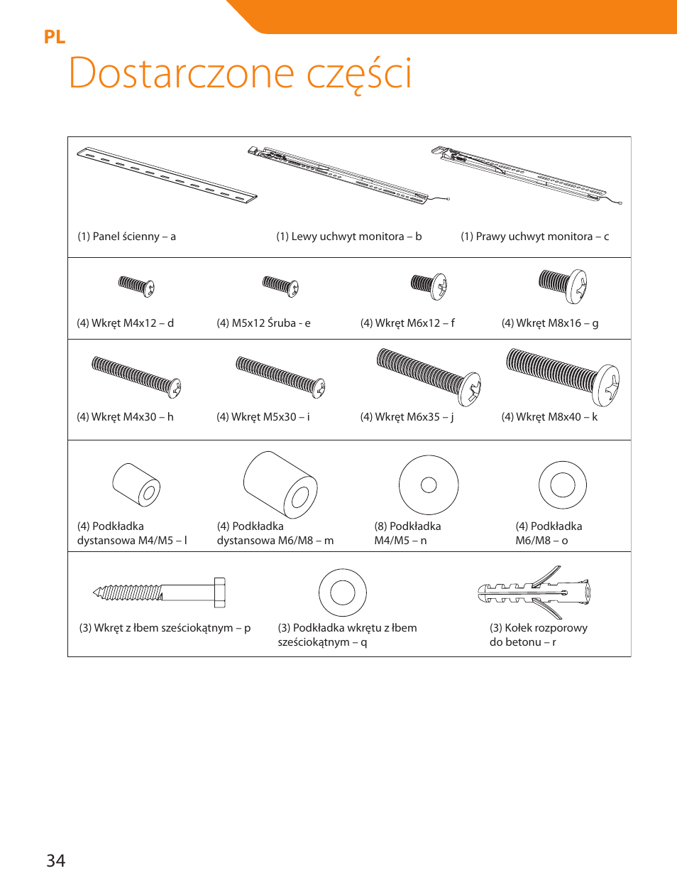 Dostarczone części | Acme LED100B User Manual | Page 34 / 100