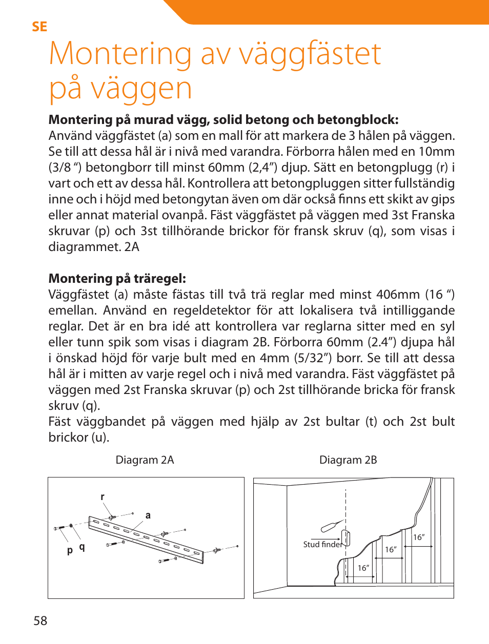 Montering av väggfästet på väggen | Acme LED100B User Manual | Page 58 / 100