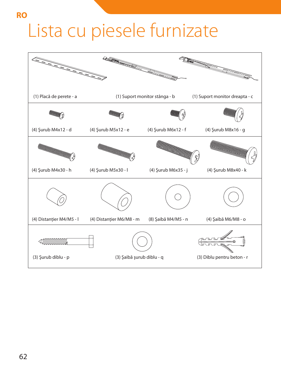 Lista cu piesele furnizate | Acme LED100B User Manual | Page 62 / 100