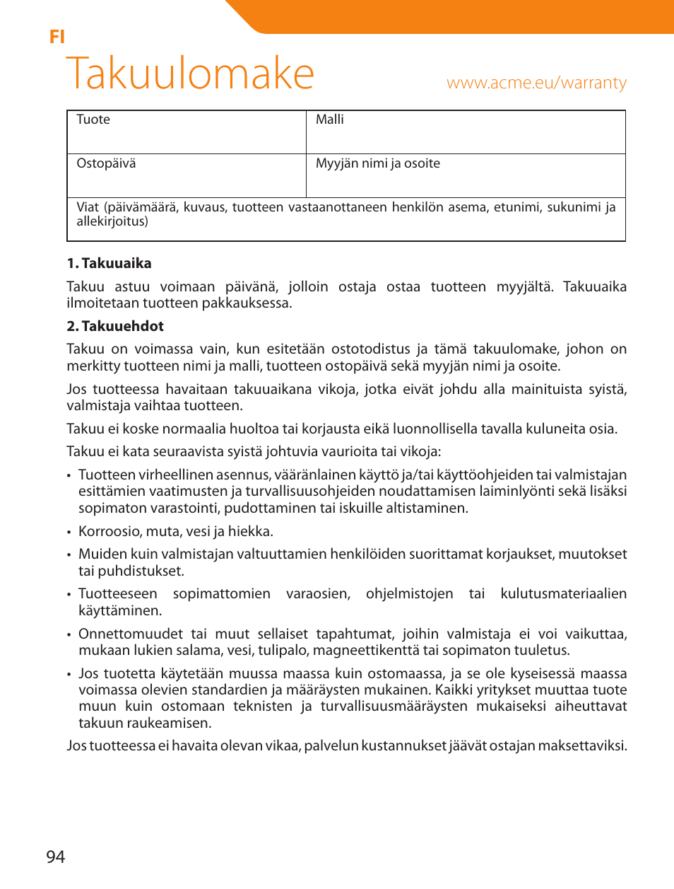 Takuulomake | Acme LED100B User Manual | Page 94 / 100