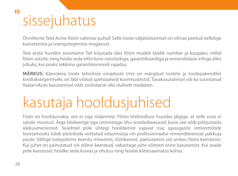 Sissejuhatus, Kasutaja hooldusjuhised | Acme HD-110 User Manual | Page 26 / 90