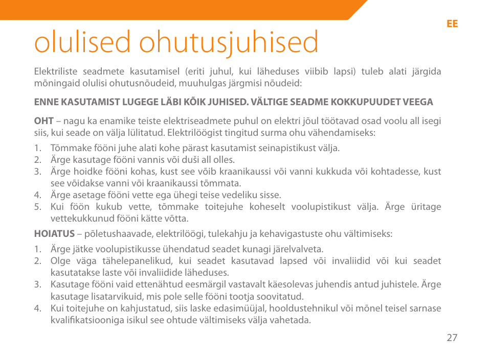 Olulised ohutusjuhised | Acme HD-110 User Manual | Page 27 / 90