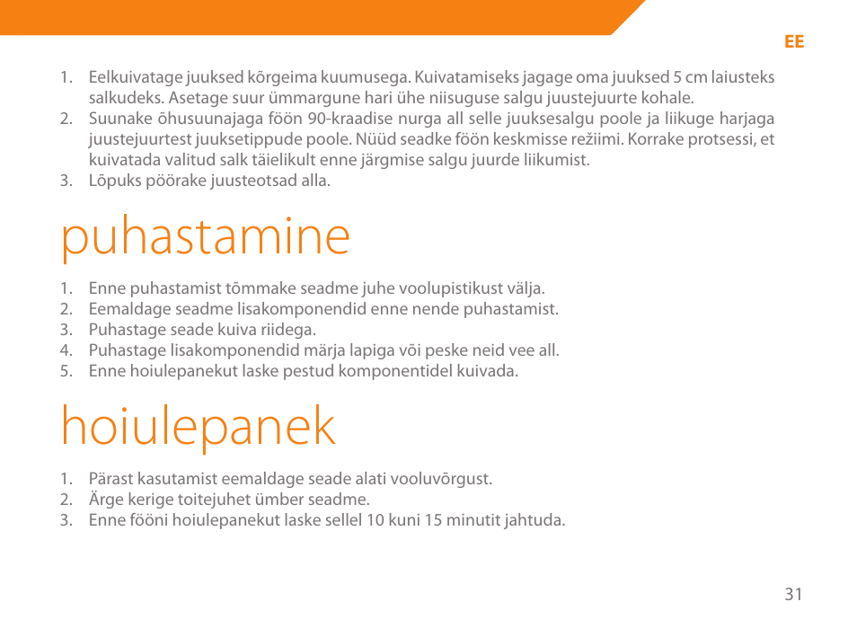 Puhastamine, Hoiulepanek | Acme HD-110 User Manual | Page 31 / 90