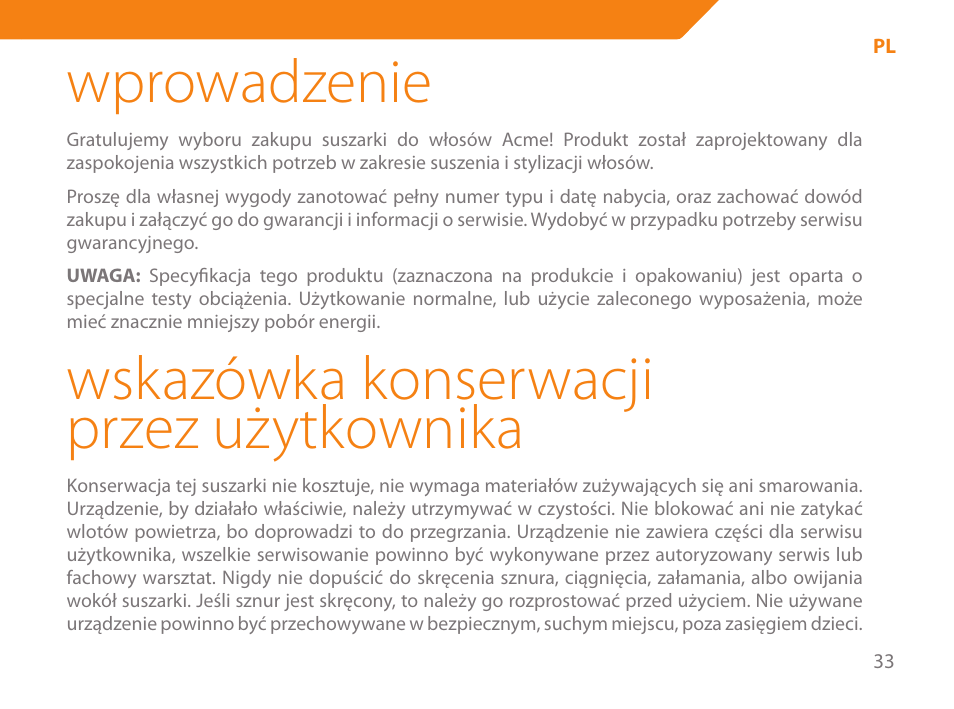 Wprowadzenie, Wskazówka konserwacji przez użytkownika | Acme HD-110 User Manual | Page 33 / 90