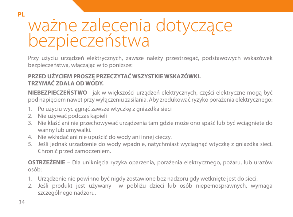 Ważne zalecenia dotyczące bezpieczeństwa | Acme HD-110 User Manual | Page 34 / 90