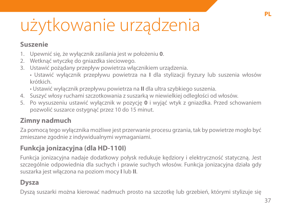 Użytkowanie urządzenia | Acme HD-110 User Manual | Page 37 / 90