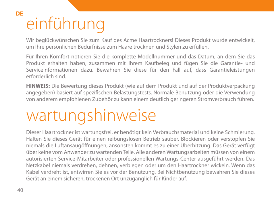 Einführung, Wartungshinweise | Acme HD-110 User Manual | Page 40 / 90