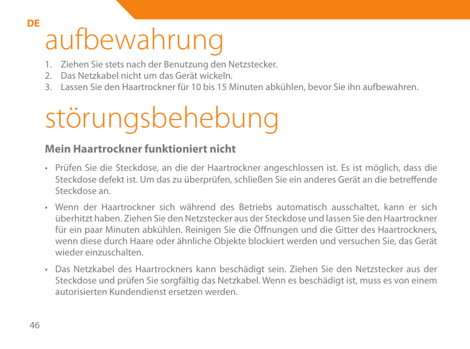 Aufbewahrung, Störungsbehebung | Acme HD-110 User Manual | Page 46 / 90