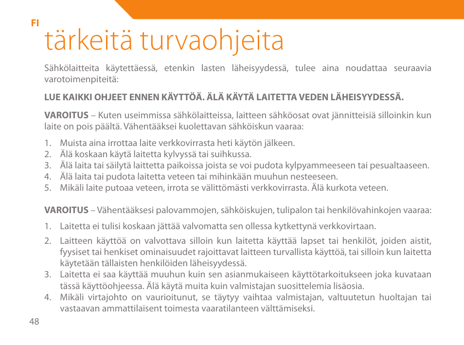 Tärkeitä turvaohjeita | Acme HD-110 User Manual | Page 48 / 90