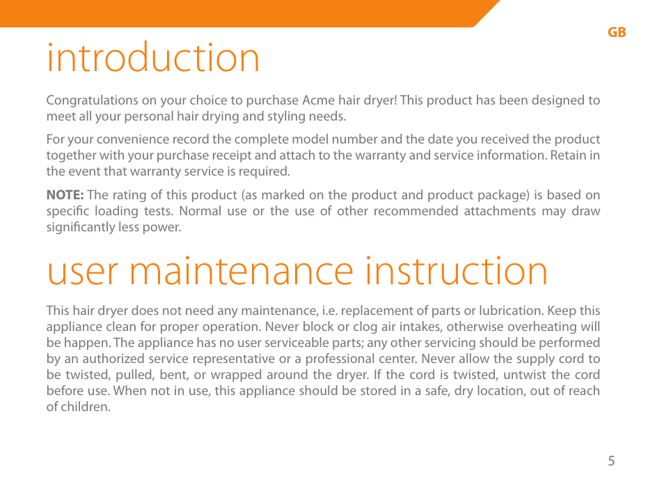 Introduction, User maintenance instruction | Acme HD-110 User Manual | Page 5 / 90