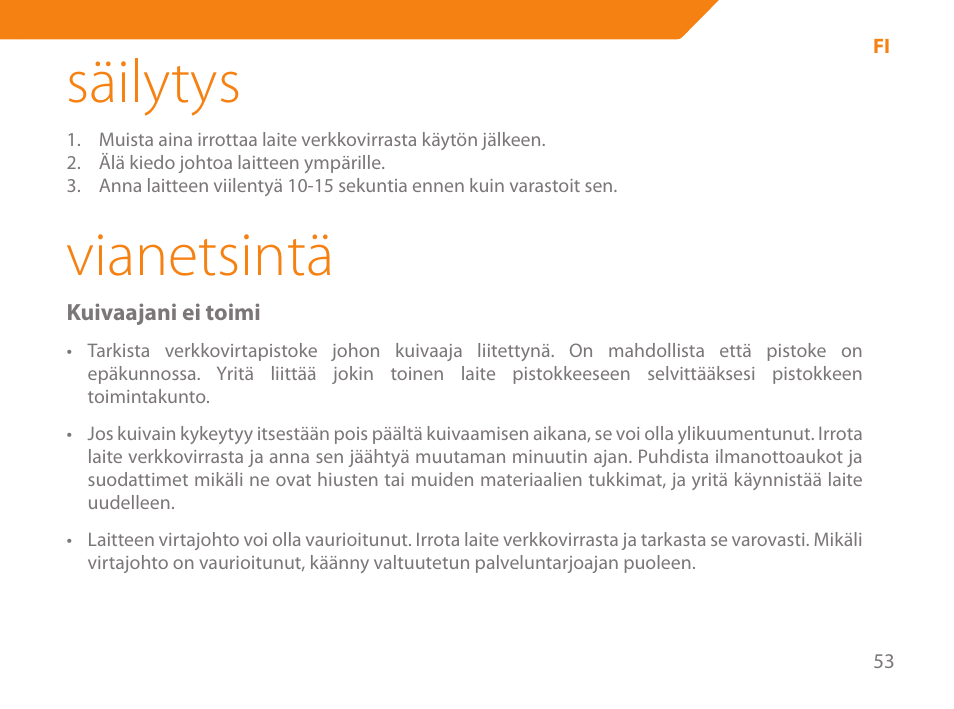 Säilytys, Vianetsintä | Acme HD-110 User Manual | Page 53 / 90