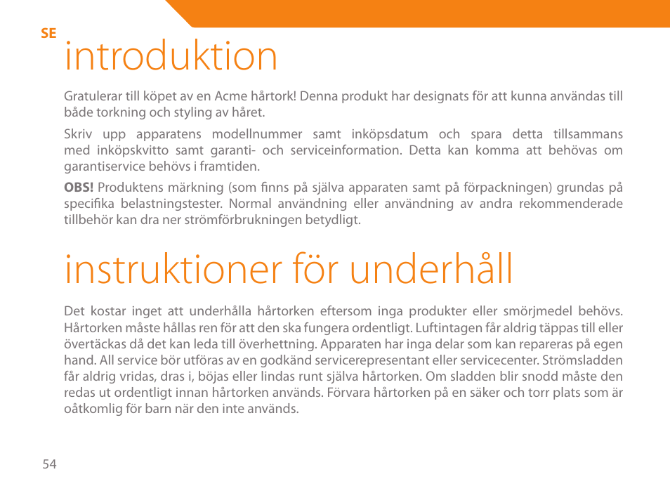 Introduktion, Instruktioner för underhåll | Acme HD-110 User Manual | Page 54 / 90