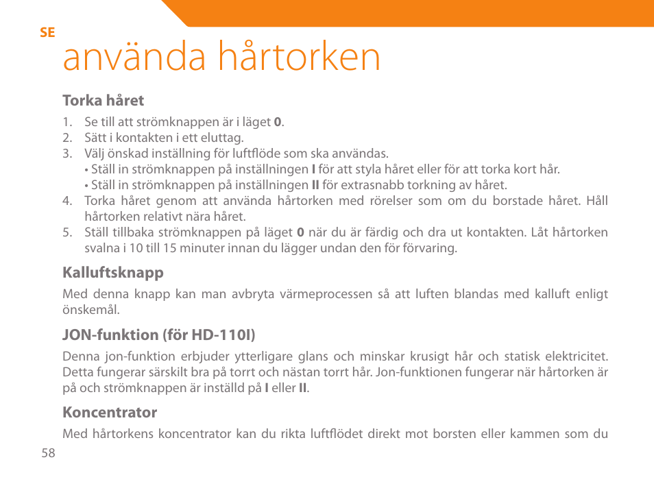 Använda hårtorken | Acme HD-110 User Manual | Page 58 / 90