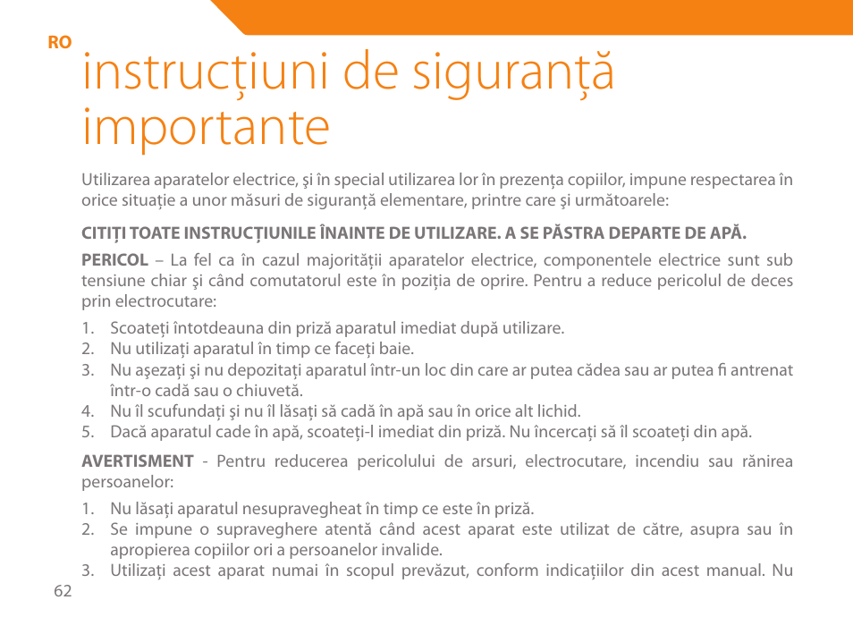 Instrucţiuni de siguranţă importante | Acme HD-110 User Manual | Page 62 / 90