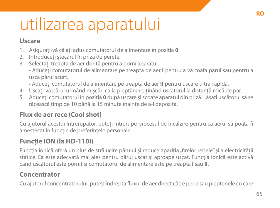 Utilizarea aparatului | Acme HD-110 User Manual | Page 65 / 90