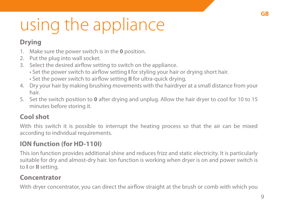 Using the appliance | Acme HD-110 User Manual | Page 9 / 90