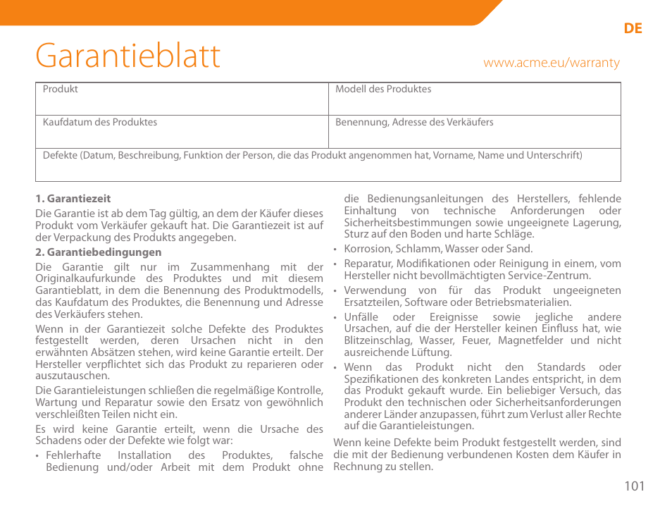 Garantieblatt | Acme SS207 User Manual | Page 101 / 110