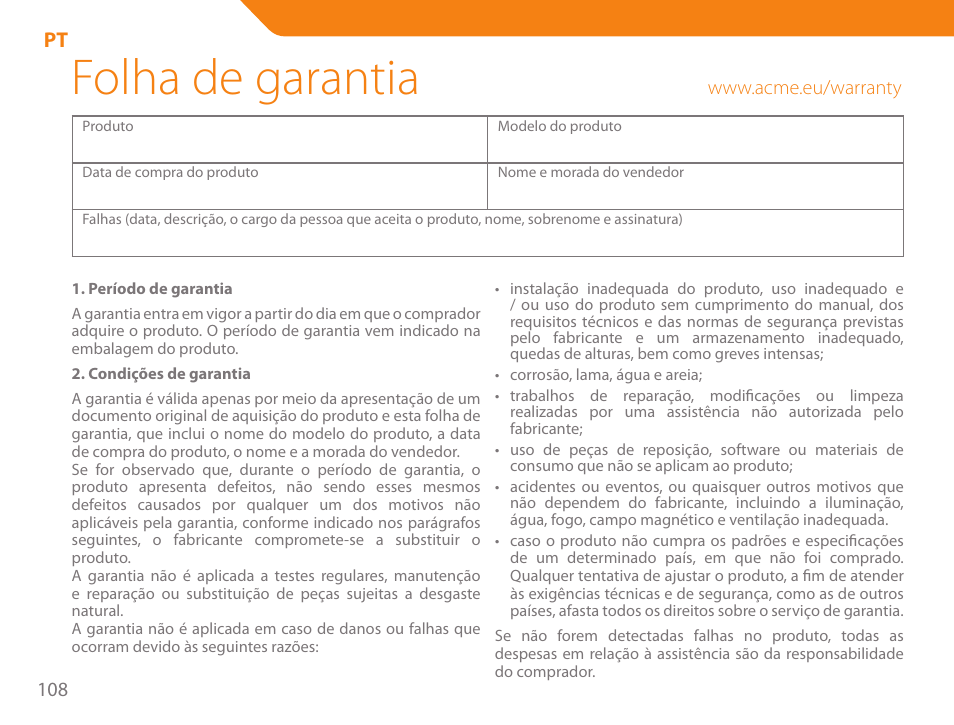 Folha de garantia | Acme SS207 User Manual | Page 108 / 110