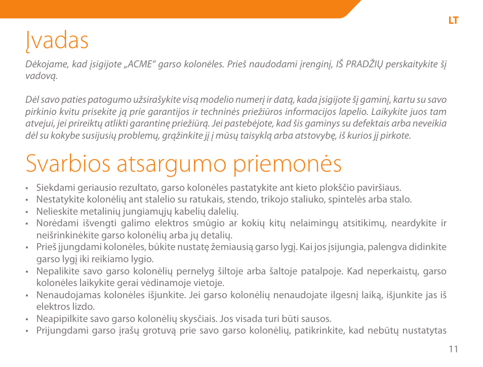 Įvadas, Svarbios atsargumo priemonės | Acme SS207 User Manual | Page 11 / 110
