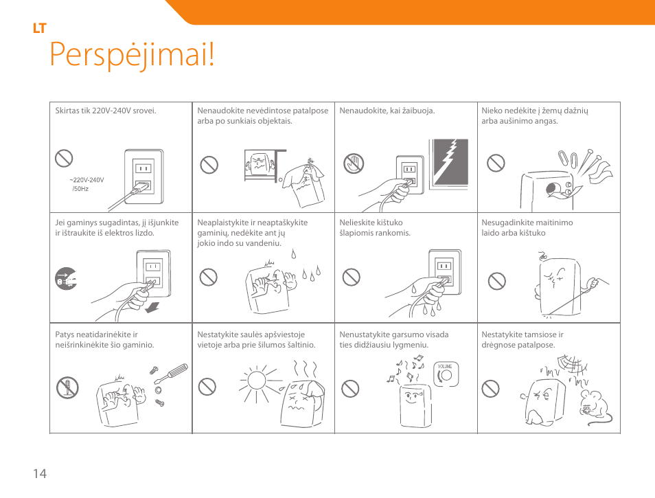 Perspėjimai | Acme SS207 User Manual | Page 14 / 110