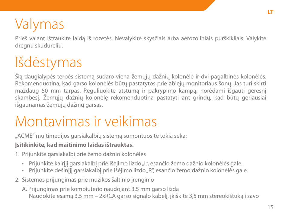 Valymas, Išdėstymas, Montavimas ir veikimas | Acme SS207 User Manual | Page 15 / 110