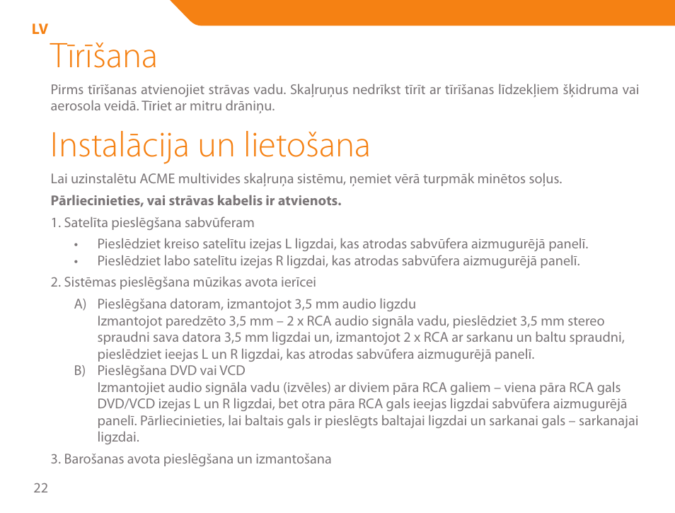 Tīrīšana, Instalācija un lietošana | Acme SS207 User Manual | Page 22 / 110