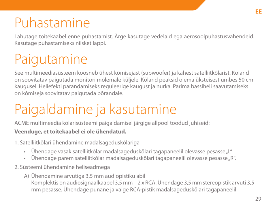 Puhastamine, Paigutamine, Paigaldamine ja kasutamine | Acme SS207 User Manual | Page 29 / 110