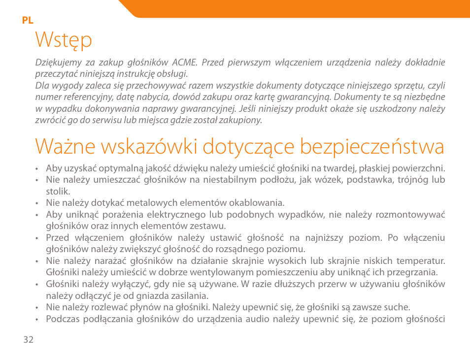 Wstęp, Ważne wskazówki dotyczące bezpieczeństwa | Acme SS207 User Manual | Page 32 / 110