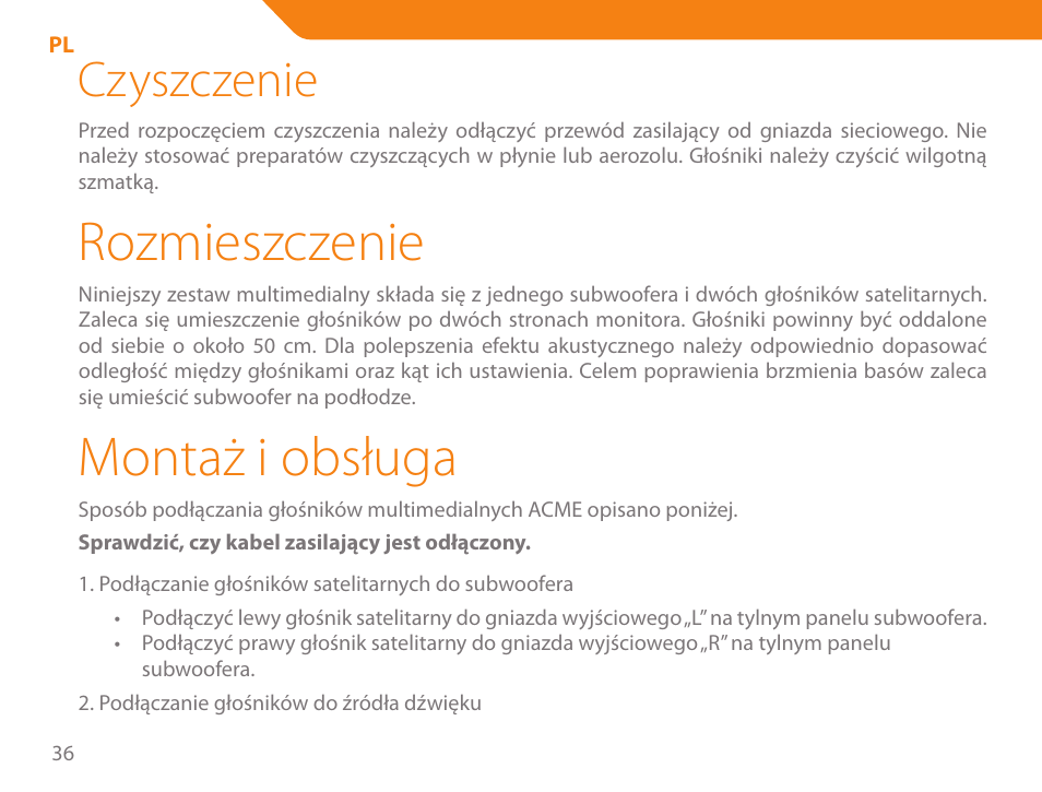 Rozmieszczenie, Montaż i obsługa, Czyszczenie | Acme SS207 User Manual | Page 36 / 110
