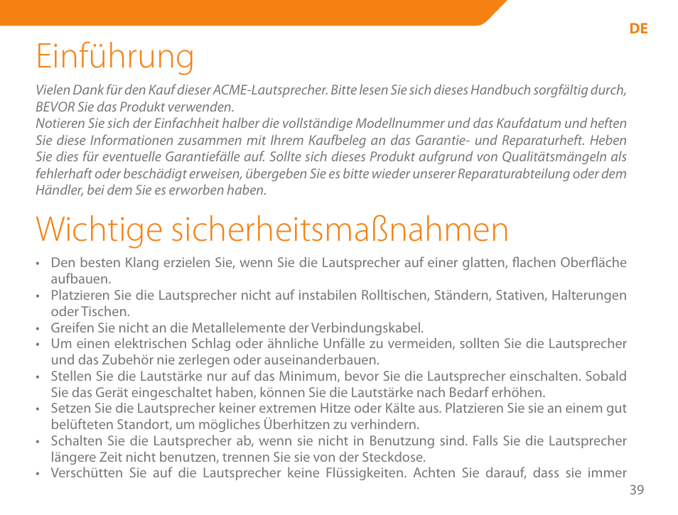 Einführung, Wichtige sicherheitsmaßnahmen | Acme SS207 User Manual | Page 39 / 110
