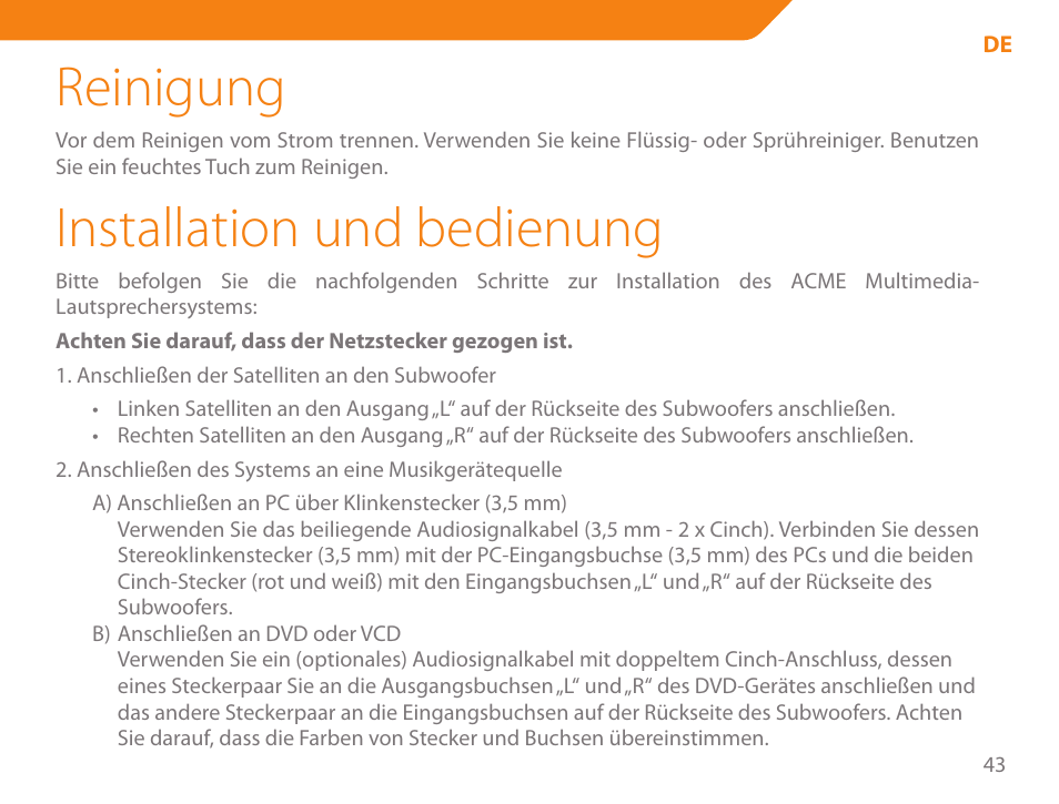 Reinigung, Installation und bedienung | Acme SS207 User Manual | Page 43 / 110