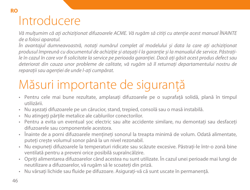 Introducere, Măsuri importante de siguranţă | Acme SS207 User Manual | Page 46 / 110