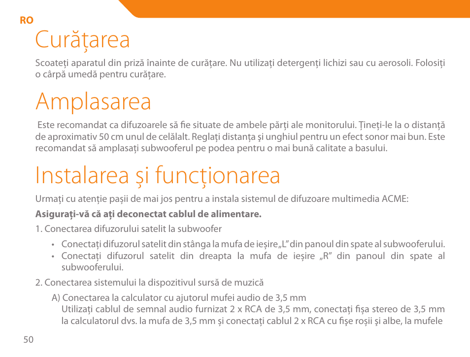 Curăţarea, Amplasarea, Instalarea și funcţionarea | Acme SS207 User Manual | Page 50 / 110