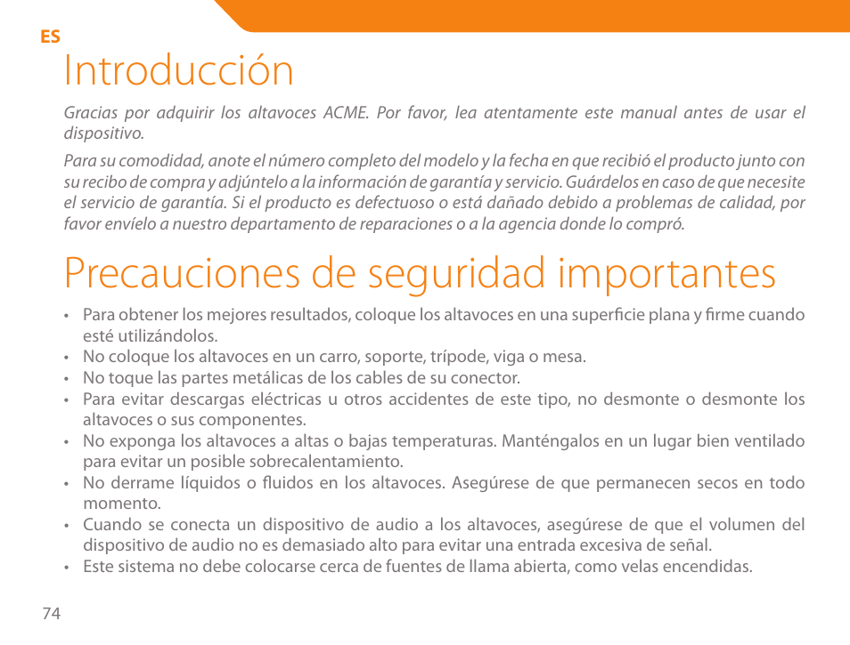 Introducción, Precauciones de seguridad importantes | Acme SS207 User Manual | Page 74 / 110