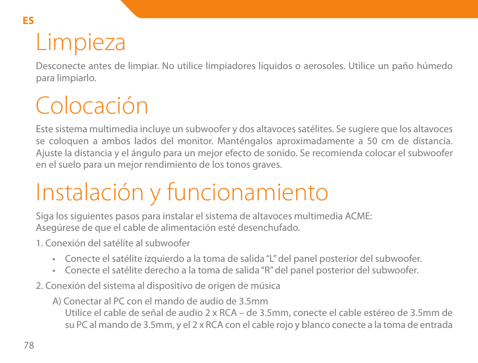 Limpieza, Colocación, Instalación y funcionamiento | Acme SS207 User Manual | Page 78 / 110