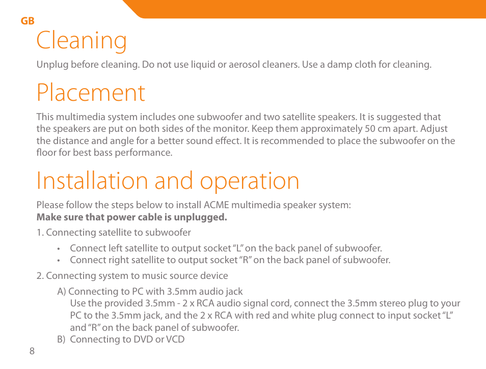 Cleaning, Placement, Installation and operation | Acme SS207 User Manual | Page 8 / 110
