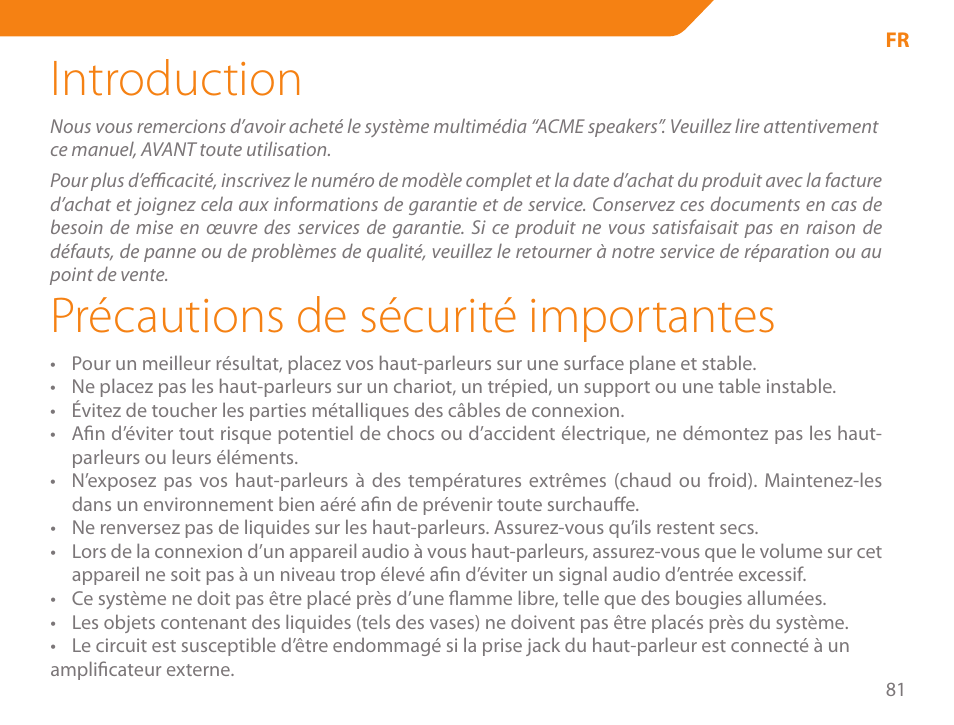 Introduction, Précautions de sécurité importantes | Acme SS207 User Manual | Page 81 / 110